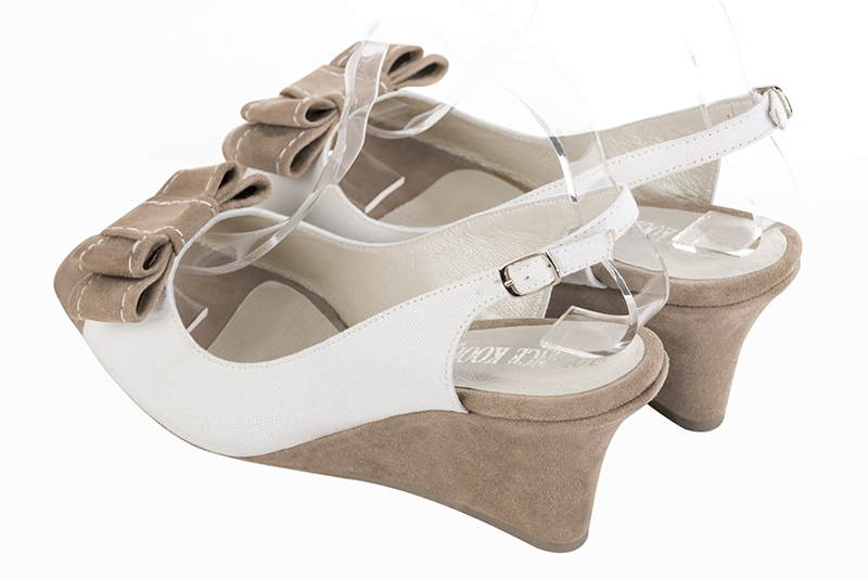 Pure white and tan beige women's slingback sandals. Square toe. Medium wedge heels. Rear view - Florence KOOIJMAN